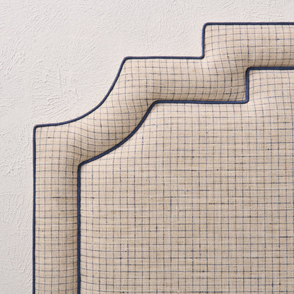 The Martha King Headboard - Beige Checkered Fabric - Navy Trim