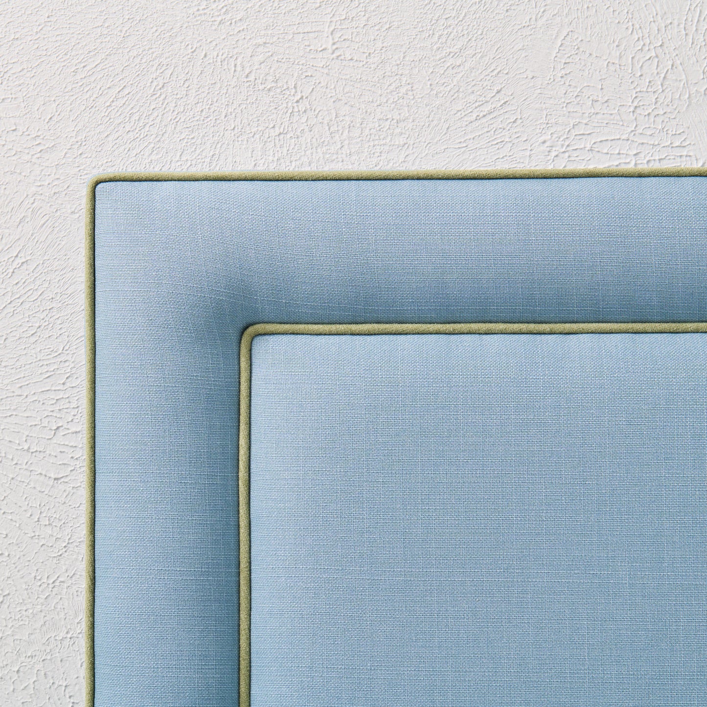 60" H Full Headboard in Blue Linen - Green Trim