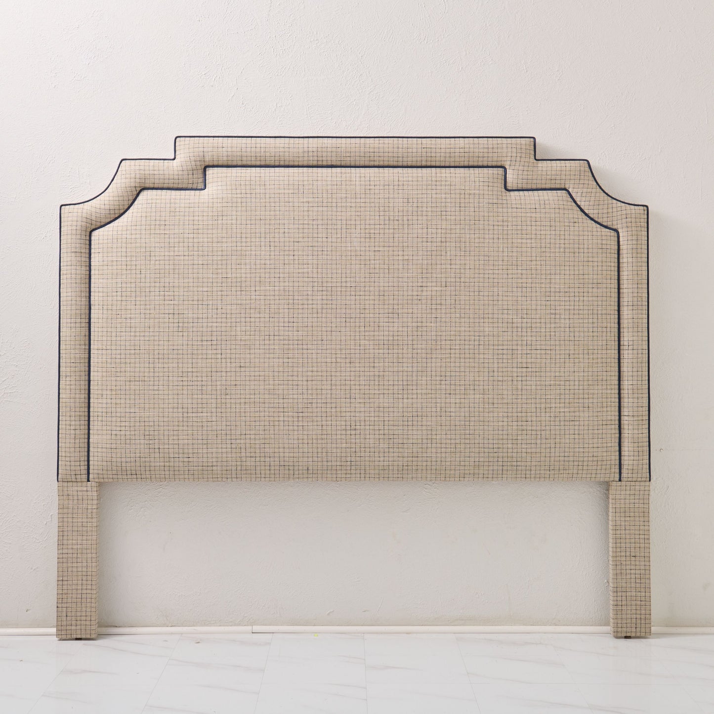 The Martha King Headboard - Beige Checkered Fabric - Navy Trim