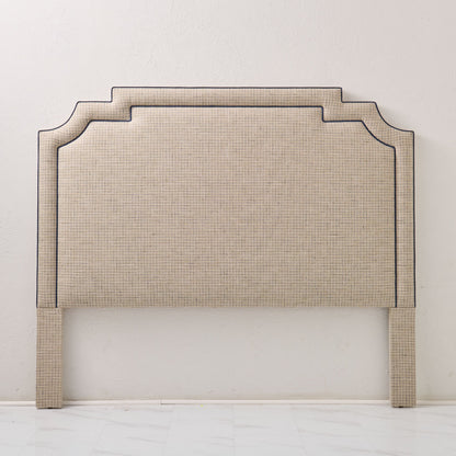 The Martha King Headboard - Beige Checkered Fabric - Navy Trim
