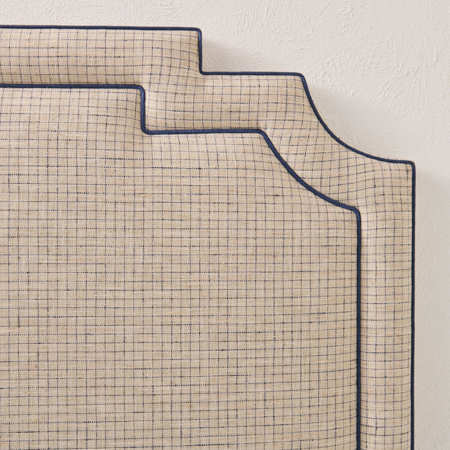 The Martha King Headboard - Beige Checkered Fabric - Navy Trim