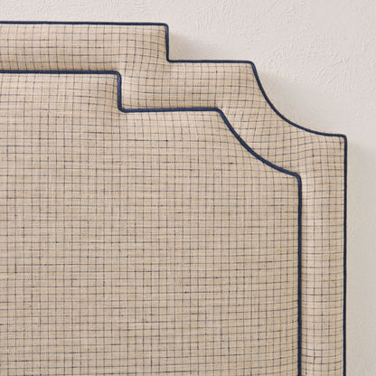 The Martha King Headboard - Beige Checkered Fabric - Navy Trim