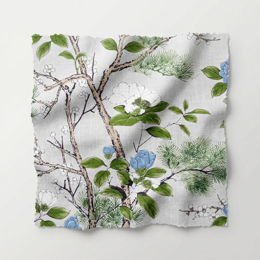 Queen Canopy Bed - Upholstered in Katsura Fabric - Blue Trim