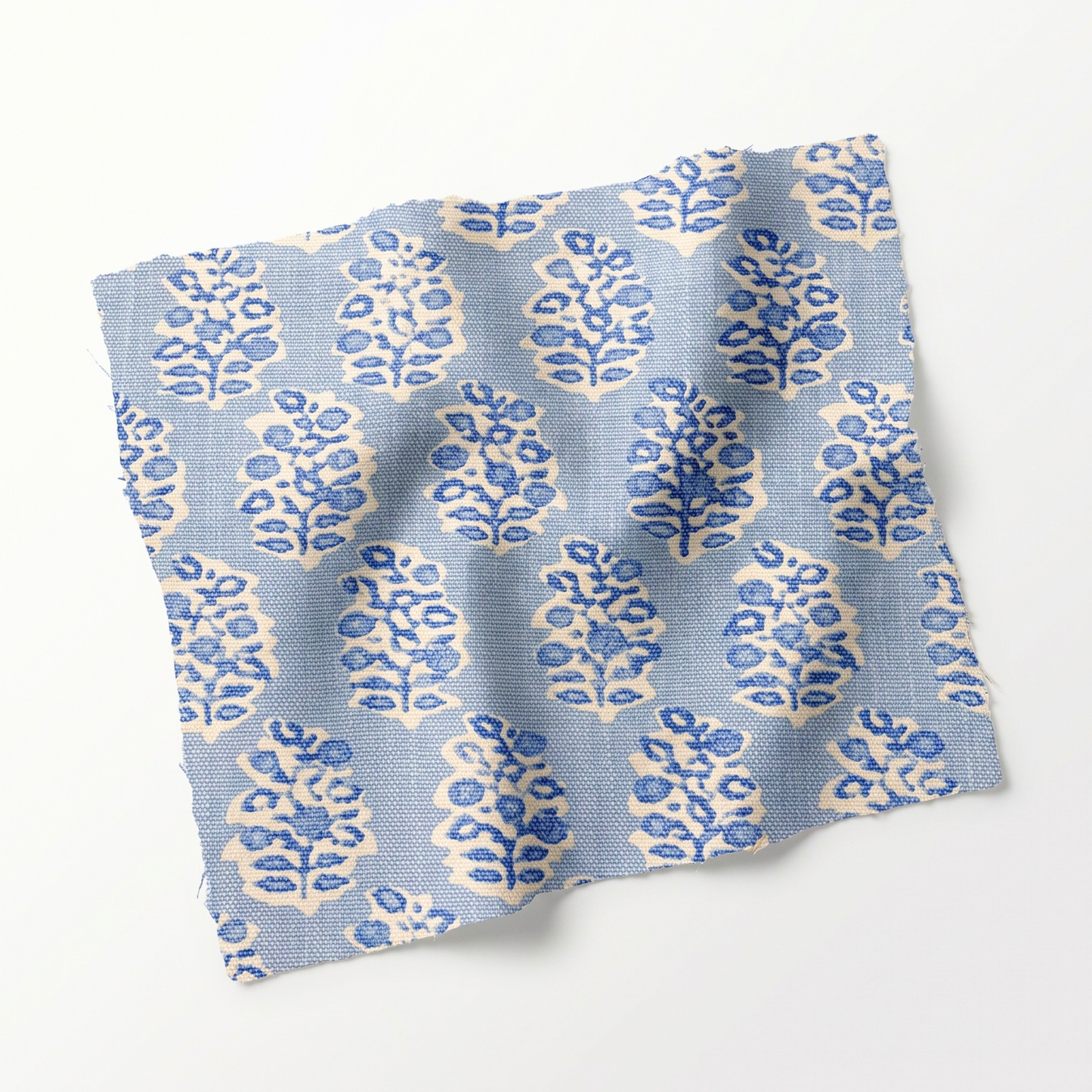 65”H Queen Platform Upholstered Bed - Perry Blue Polyester Fabric with White Trim