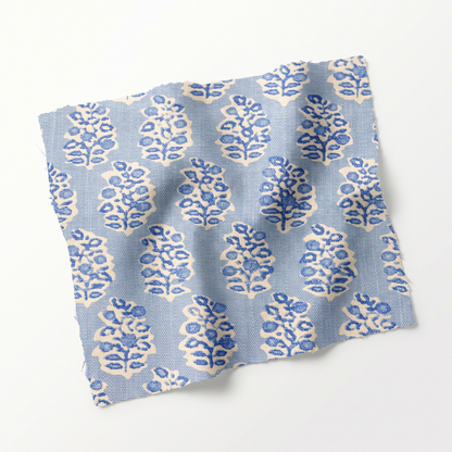 65”H Queen Platform Upholstered Bed - Perry Blue Polyester Fabric with White Trim