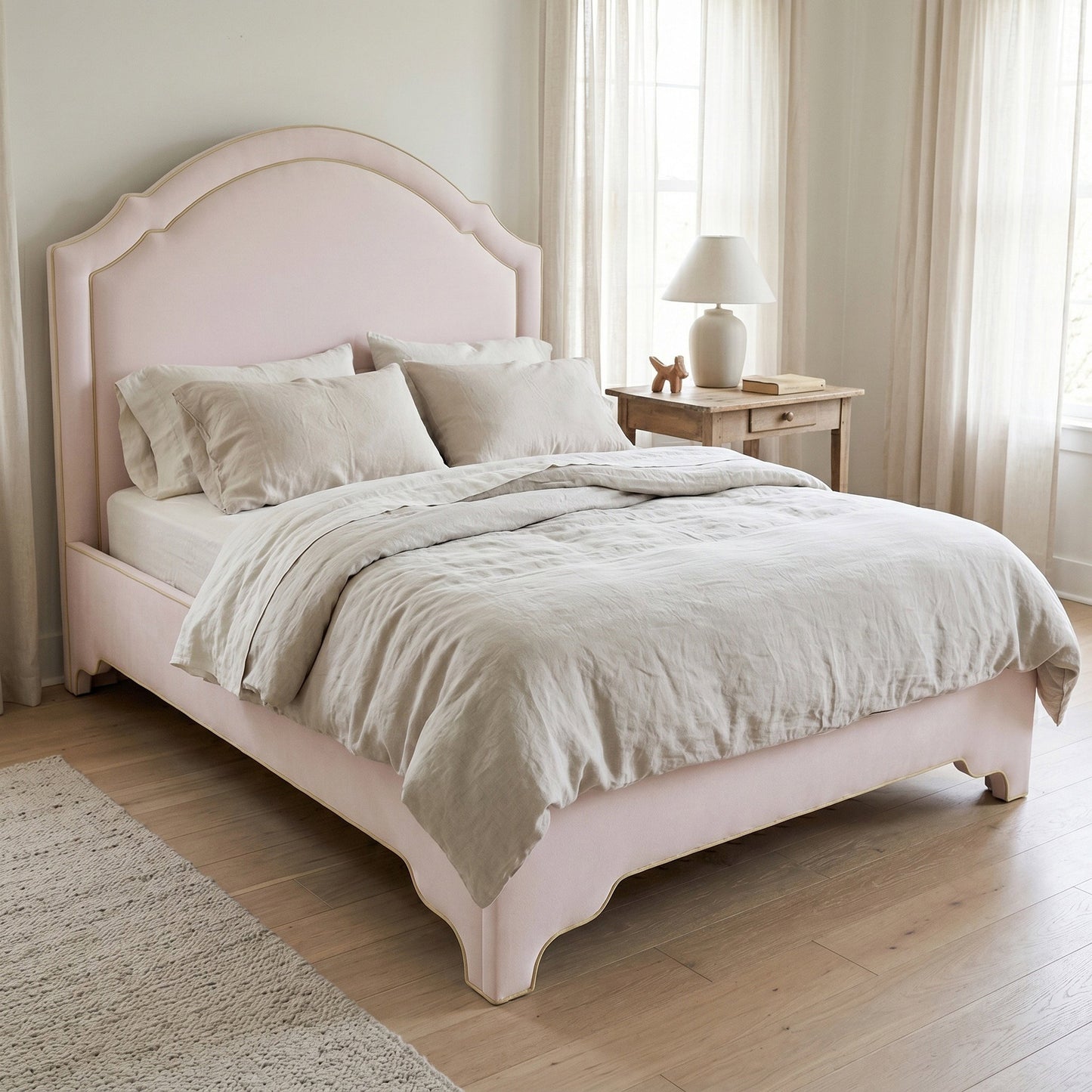 The Grace Queen Bed - Upholstered Legs - Powder Pink fabric with Green Trim