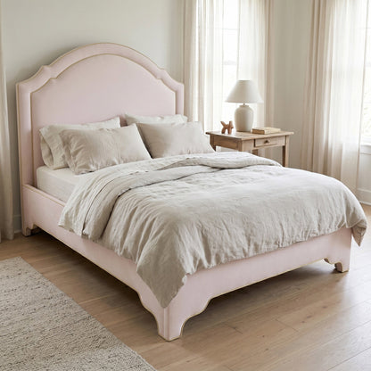 The Grace Queen Bed - Upholstered Legs - Powder Pink fabric with Green Trim