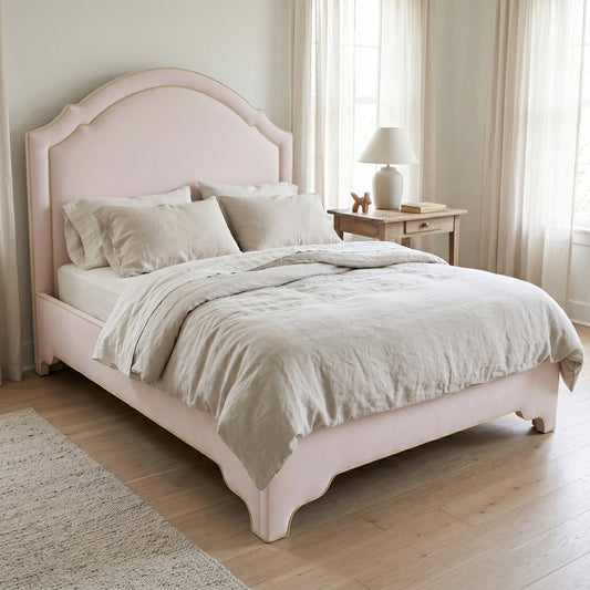 65”H Queen Upholstered Platform Bed - Upholstered Legs - Powder Pink fabric with Green Trim