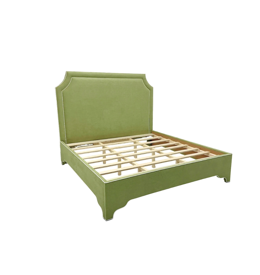 65”H King Upholstered Platform Bed - Scalloped Legs - Pistachio Green Woven Fabric with White Trim