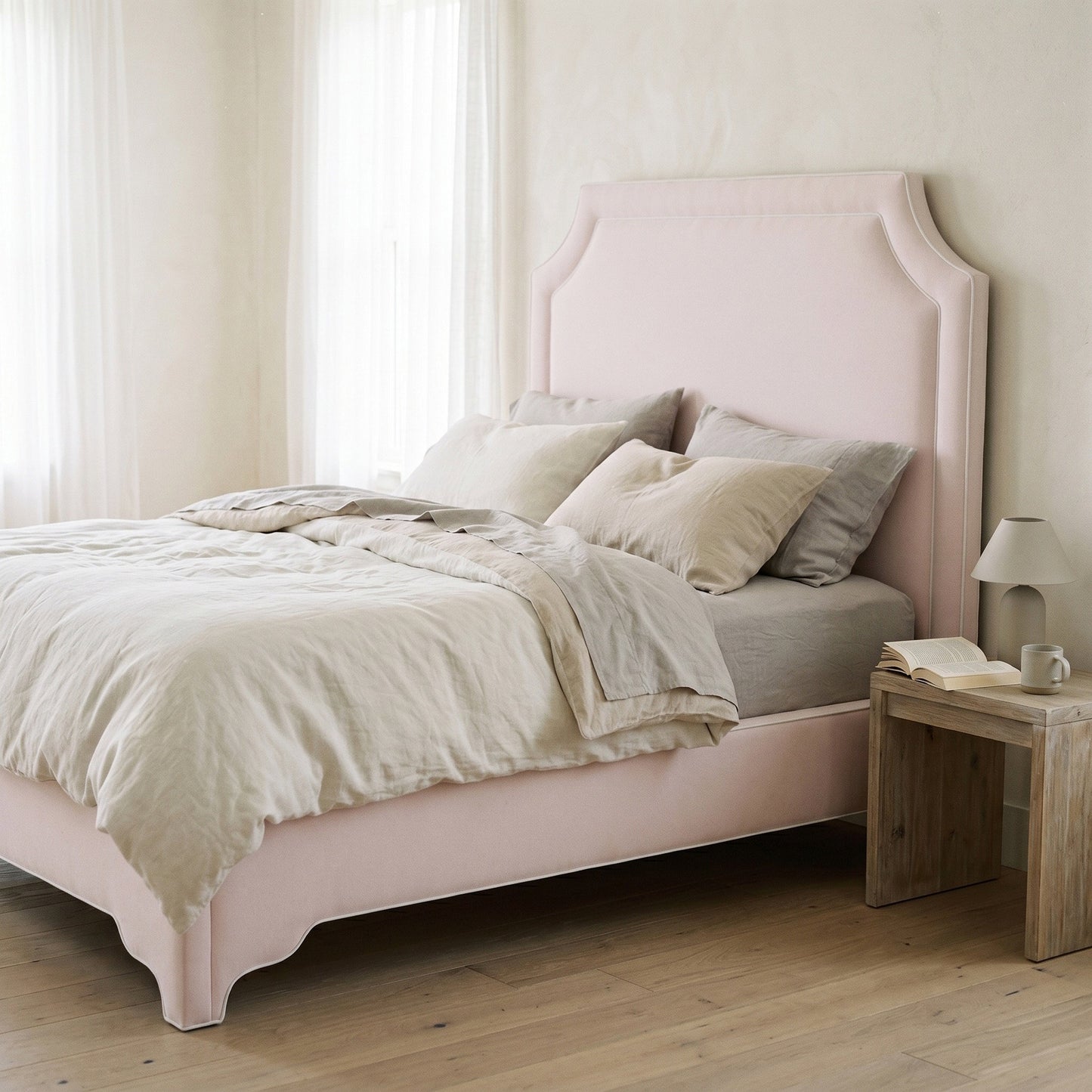 65” H Queen Upholstered Platform Bed - Scalloped Legs - Powder Pink Woven Fabric with White Trim