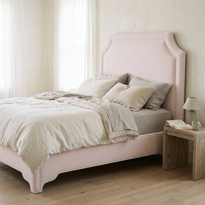 65” H Queen Upholstered Platform Bed - Scalloped Legs - Powder Pink Woven Fabric with White Trim