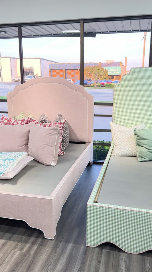 60" H Queen Upholstered Platform Bed - Scalloped Legs - Pale Pink Chenille Fabric with White Trim
