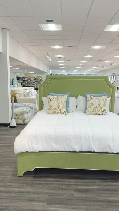 65”H King Upholstered Platform Bed - Scalloped Legs - Pistachio Green Woven Fabric with White Trim