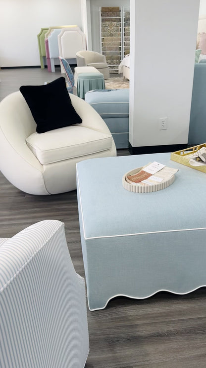 Scalloped Ottoman / Coffee table in Sky Blue Woven Fabric - White Trim