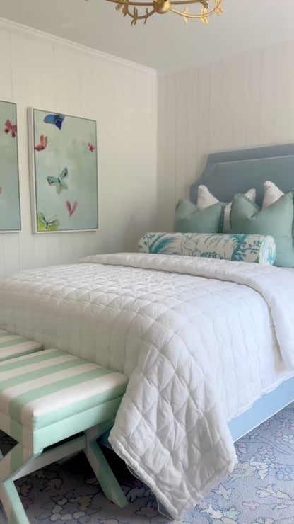 The Addison Queen Bed - Scalloped Legs - Sky Blue Woven Fabric - White Trim
