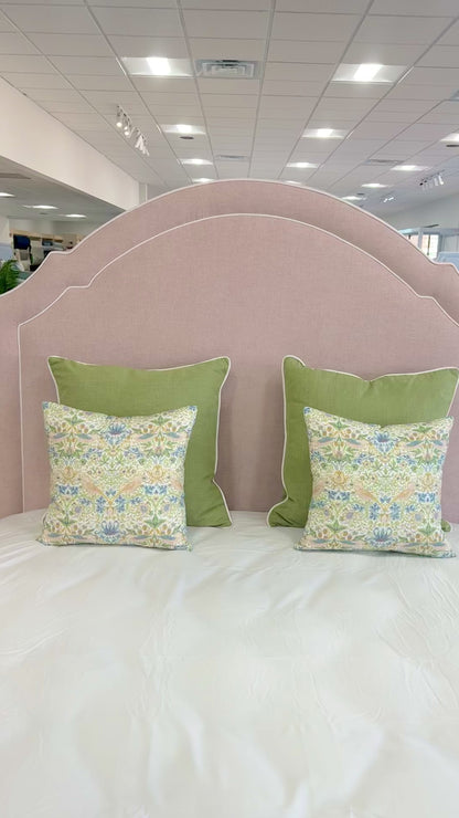 60" H Queen Upholstered Platform Bed - Pale Pink Chenille Fabric with White Trim