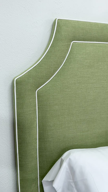 65”H King Upholstered Platform Bed - Scalloped Legs - Pistachio Green Woven Fabric with White Trim