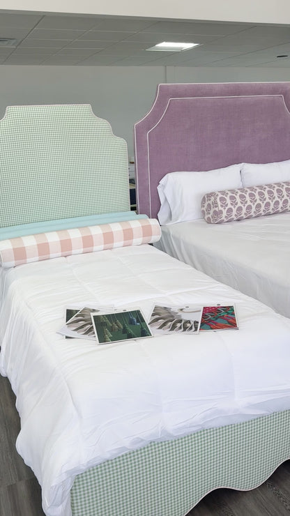 65”H Queen Upholstered Platform Bed - Scalloped Legs - Lavender Heavy Duty Fabric with White Trim