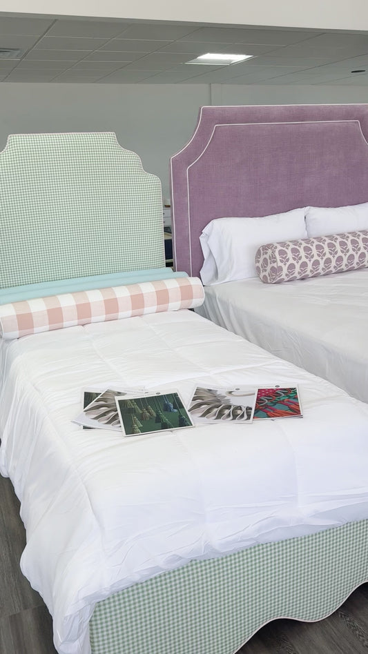 65”H Queen Upholstered Platform Bed - Scalloped Legs - Lavender Heavy Duty Fabric with White Trim