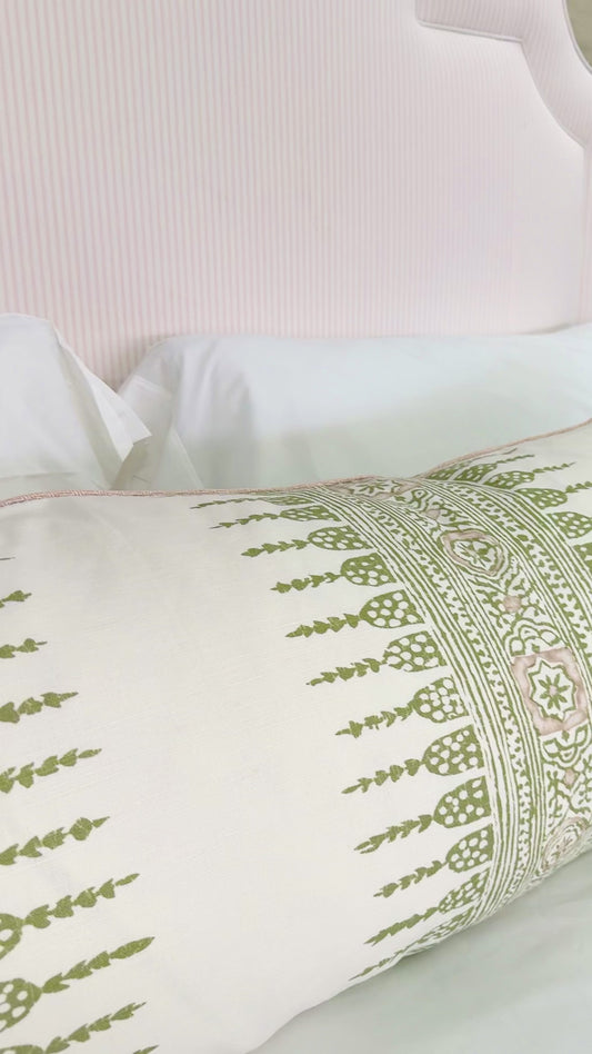 65” H King Upholstered Platform Bed - Scalloped Legs - Classic Ticking Pink Fabric with White Trim