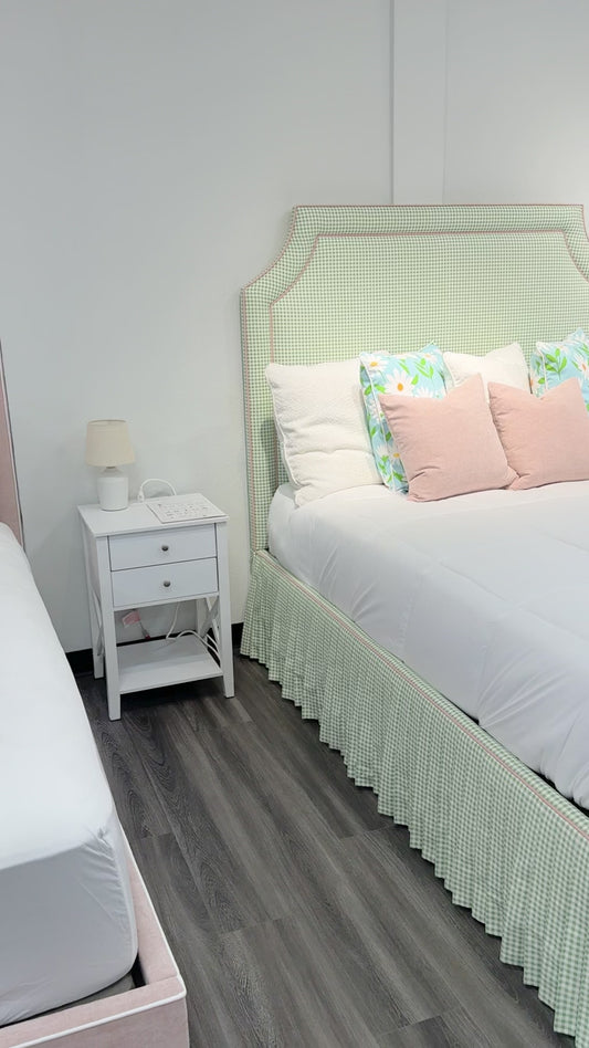 65" Queen Upholstered Platform Bed - Skirted Base - Sage Green Gingham Fabric with Blush Pink Trim