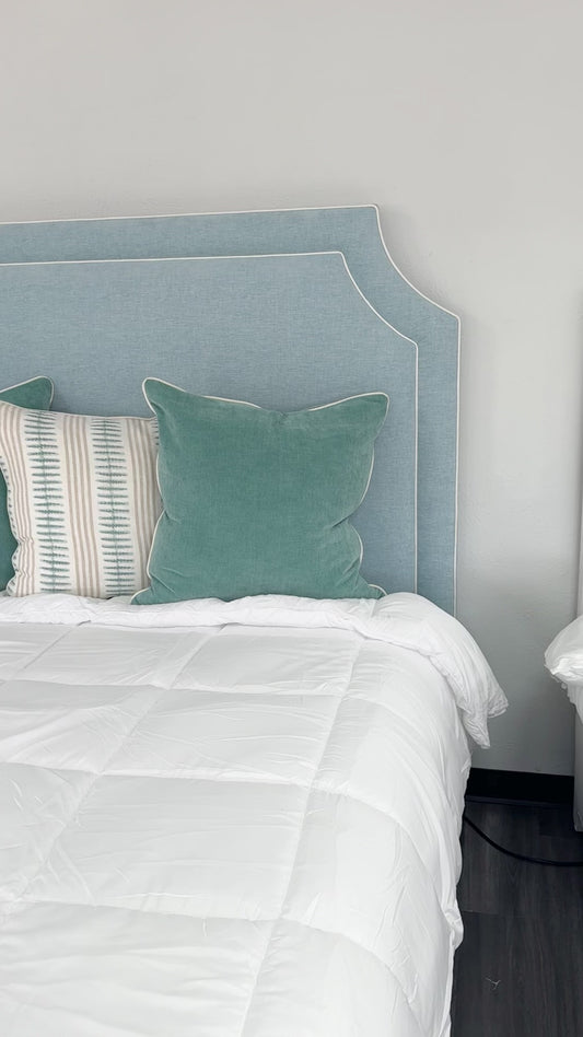 65"H King Upholstered Platform Bed - Scalloped Legs - Seafoam Blue Chenille Fabric with White Trim