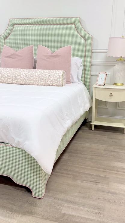 65”H Queen Platform Upholstered Bed - Sage Green Gingham Fabric with Blush Pink Trim