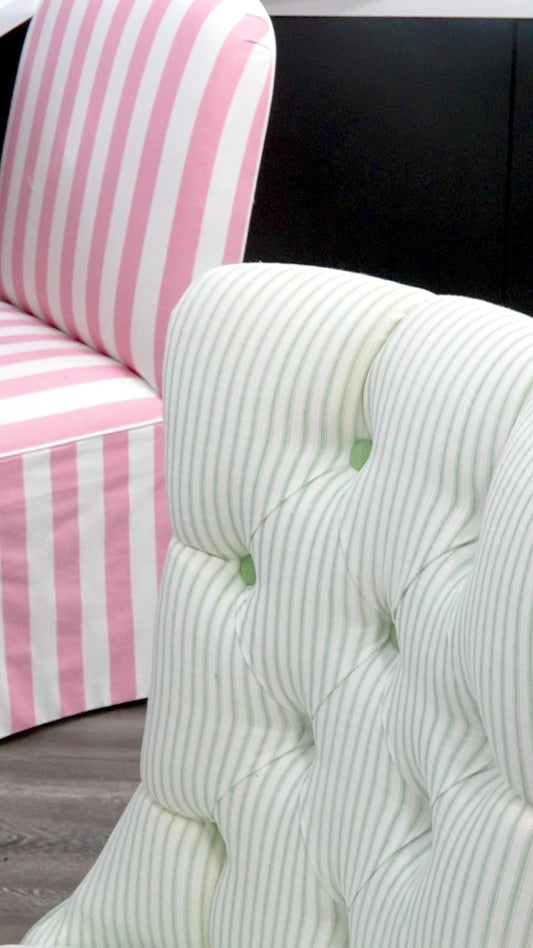 Custom Skirted Vanity Chair / Stool in Classic Green Striped- Pistachio Trim