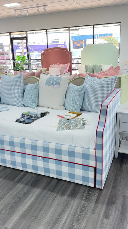Twin Trundle Daybed - Buffalo Blue Checkered Fabric with Red Trim