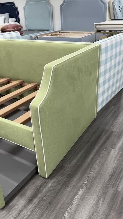 Twin Trundle Daybed - Pistachio Green Woven Fabric with White Trim
