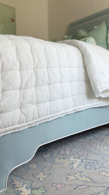 65" H King Platform Bed - Scalloped Legs - Sky Blue Woven Fabric with White Trim