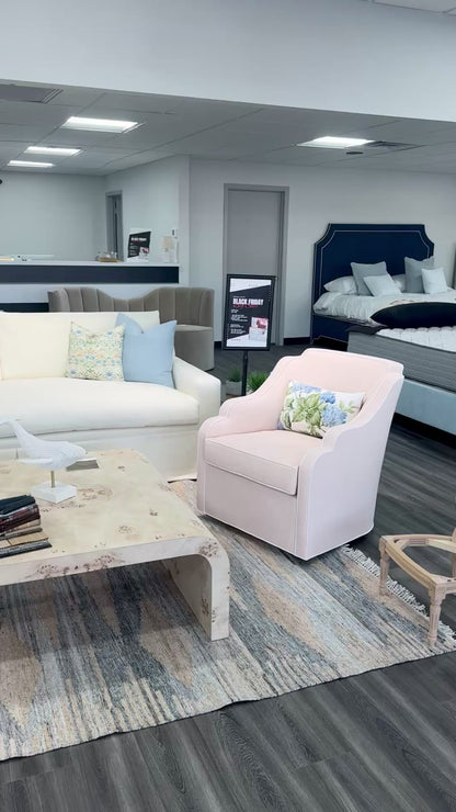 Luxe Feather-Seat Skirted Sofa in Schumacher Designer Upholstery Linen Fabric – Custom Built, In Stock