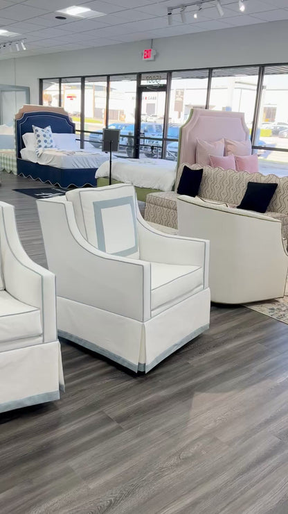 Custom Swivel Glider Chair – White Linen with Sky Blue Trim