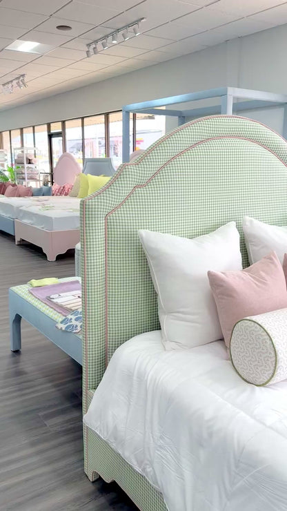 65”H Queen Platform Upholstered Bed - Sage Green Gingham Fabric with Blush Pink Trim