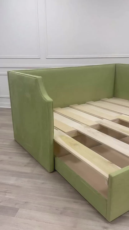 The Addison Twin to King Trundle Daybed - Pistachio Green Woven Fabric - White Trim