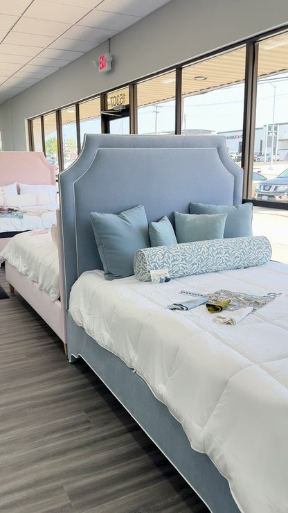 60" H Queen Upholstered Platform Bed - Ashley Blue Woven Fabric with White Trim