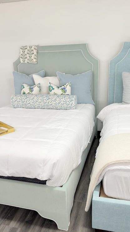 65"H Queen Upholstered Platform Bed - Scalloped Legs - Alissa Aqua Woven Fabric with White Trim