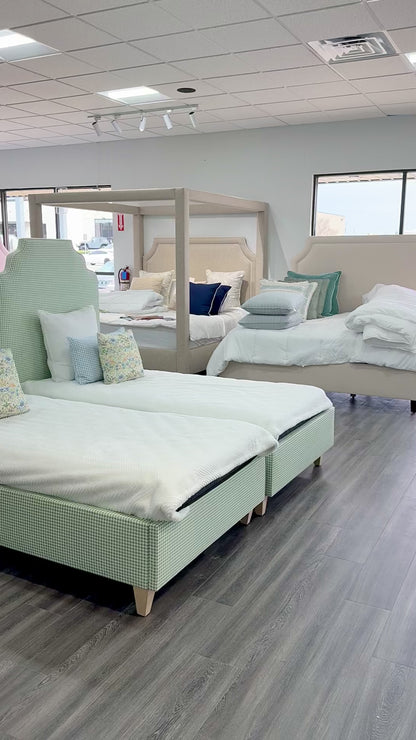 60”H Twin Size Platform Upholstered Bed - Sage Green Gingham Fabric - Pink Pink Trim