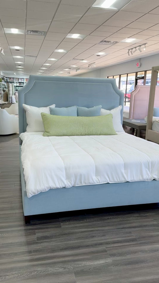 65" H King Platform Bed - Wooden Legs - Sky Blue Woven Fabric with White Trim