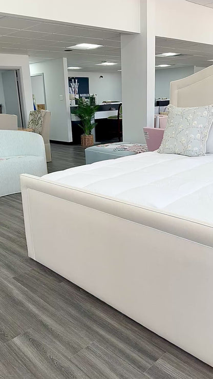 65"H King Platform Bed - Upholstered Footboard - Oatmeal Woven Fabric - White Trim