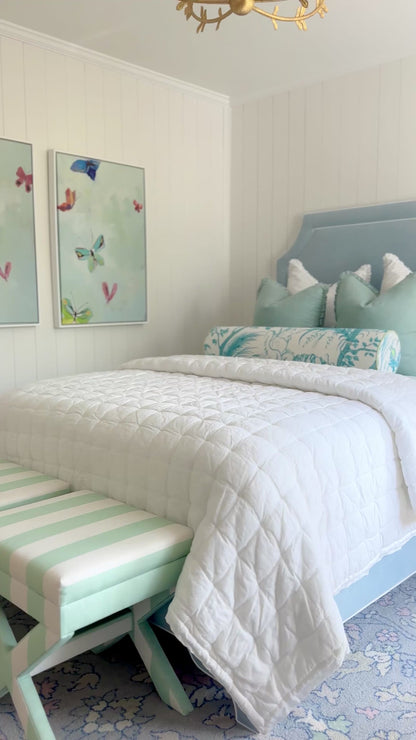 65”H Queen Upholstered Platform Bed - Scalloped Legs - Sky Blue Woven Fabric with White Trim