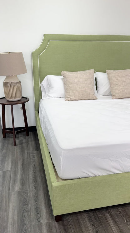 65" H King Upholstered Platform Bed - Brown Wooden Legs - Pistachio Green Woven Fabric with White Trim