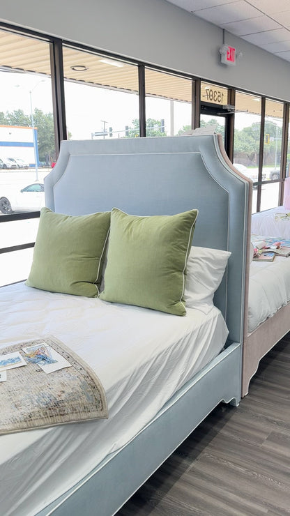 65”H Queen Upholstered Platform Bed - Scalloped Legs - Sky Blue Woven Fabric with White Trim