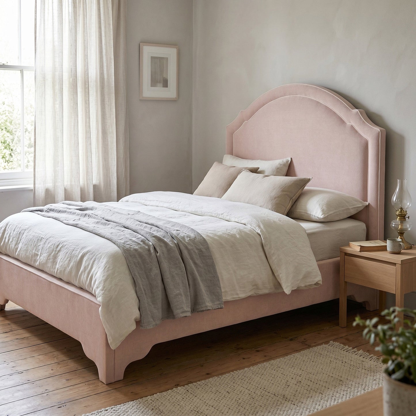 60" H Queen Upholstered Platform Bed - Pale Pink Chenille Fabric with White Trim