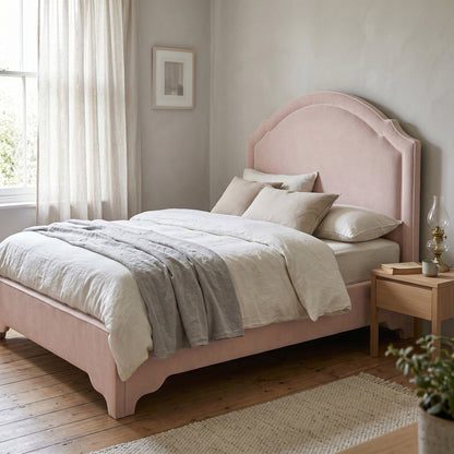 60" H Queen Upholstered Platform Bed - Pale Pink Chenille Fabric with White Trim