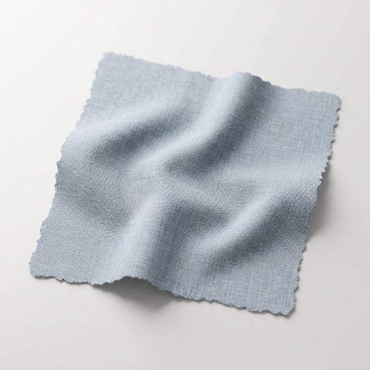 65" H King Platform Bed - Scalloped Legs - Sky Blue Woven Fabric with White Trim